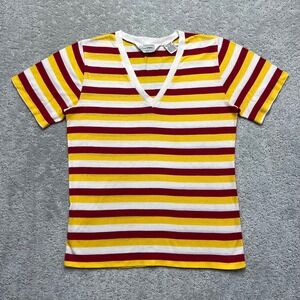 VINTAGE 80s Nick Names T-Shirt Womens Small Red Yellow‎ White Striped V-Neck